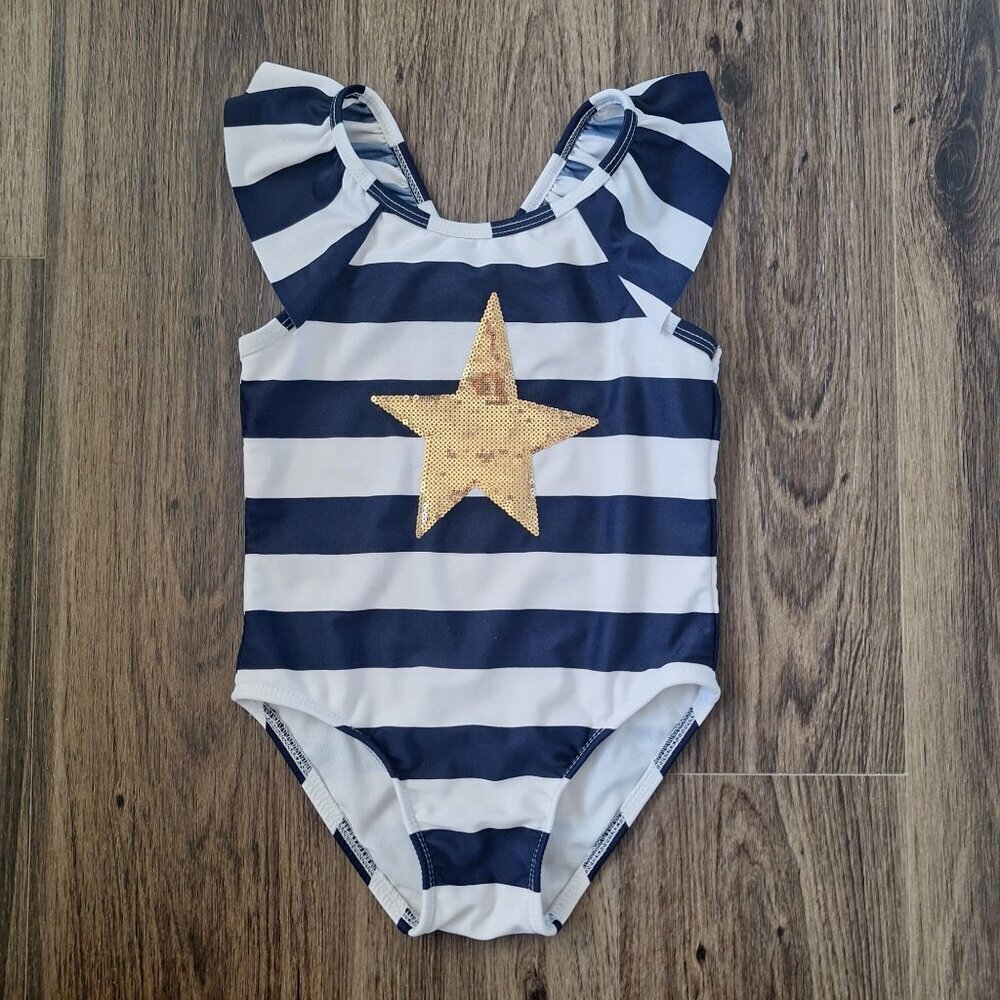 💙 Cat & Jack Girls Sequined One Piece Striped Swimsuit Size 4T Preppy Nautical